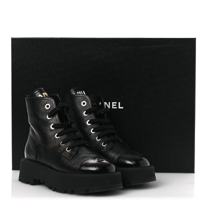 Chanel Grained Calfskin Shiny Calfskin CC Lace Up Combat Boots 38.5 Black 11 of 11