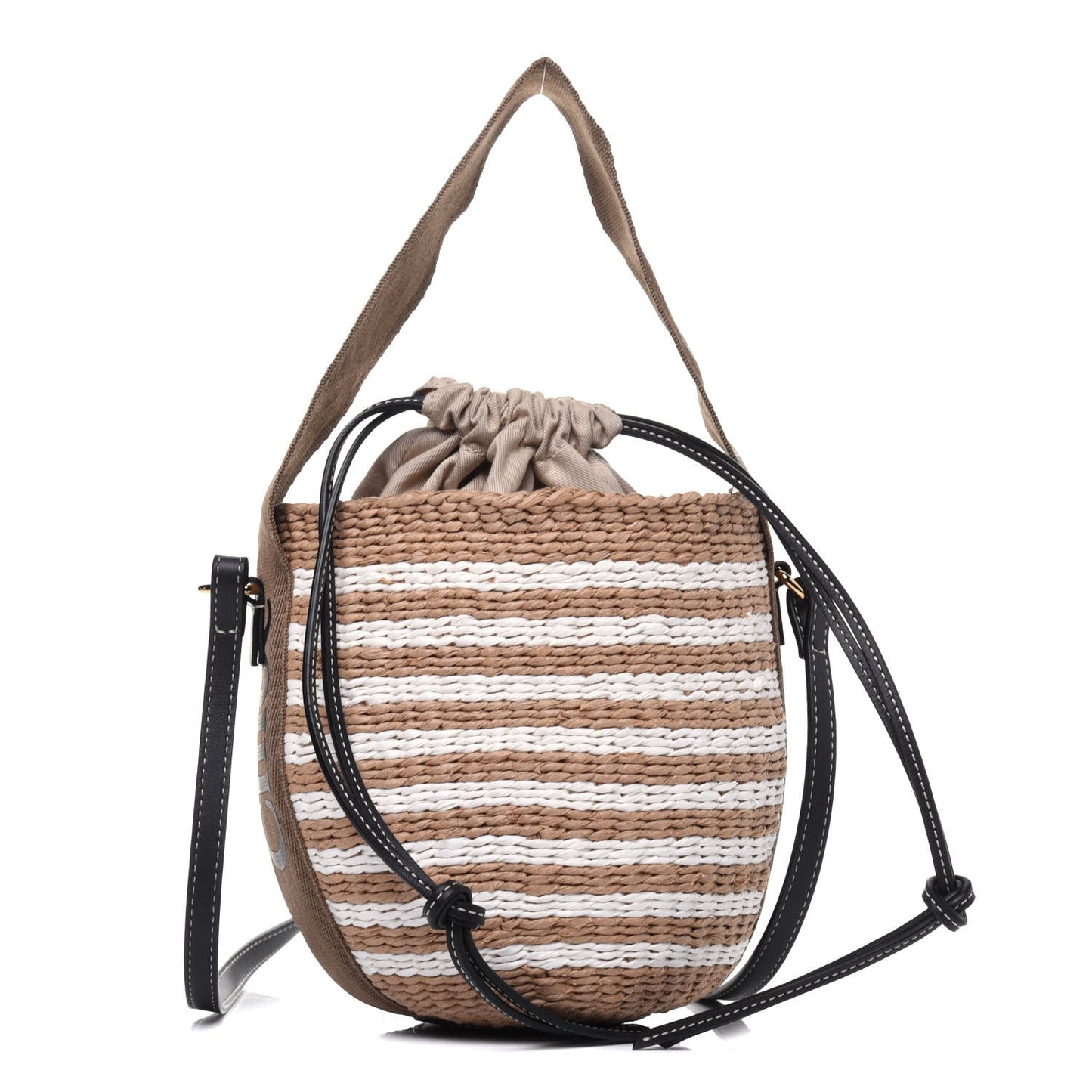Raffia Calfskin Small Woody Striped Basket Bag Brown