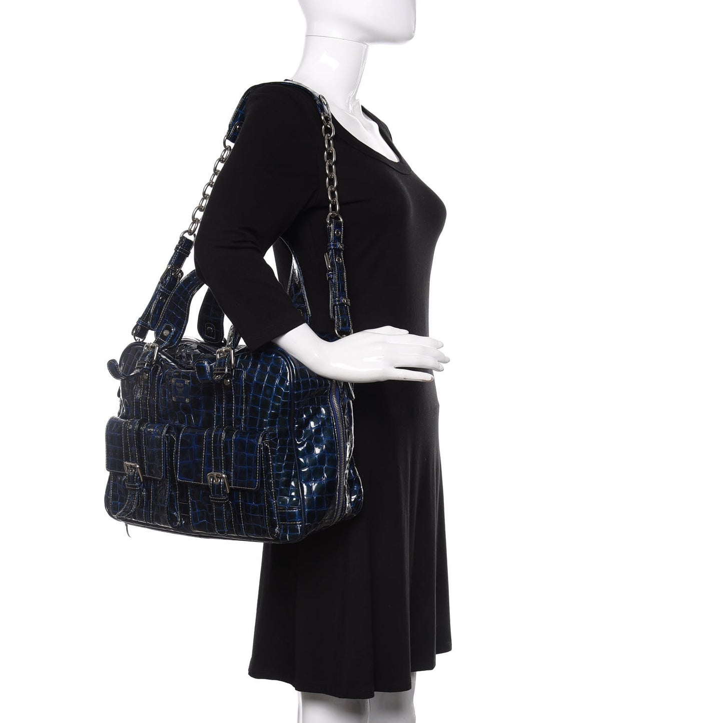 Crocodile Embossed Patent Calfskin Double Pocket Tote Blue