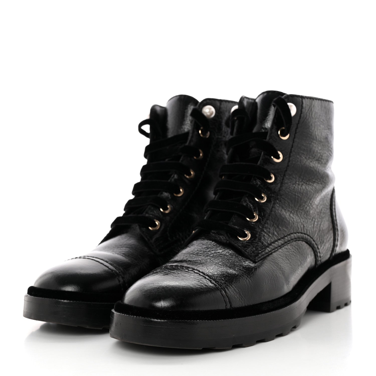Chanel Shiny Calfskin Velvet Pearl Combat Short Boots 40.5 Black 3 of 17