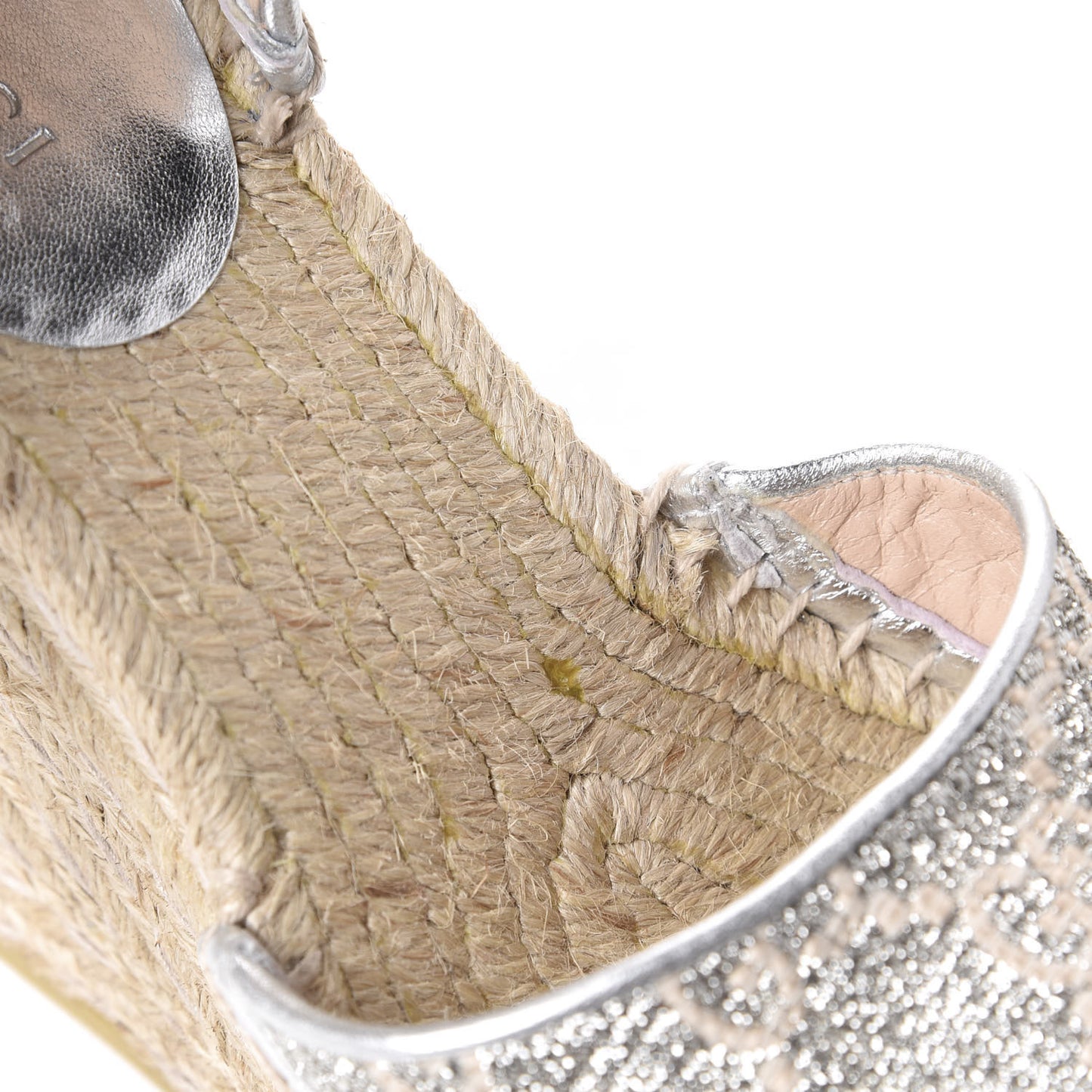 Lame GG Monogram Ankle Wrap Platform Espadrille Wedges 35.5 Silver Beige Light Grey