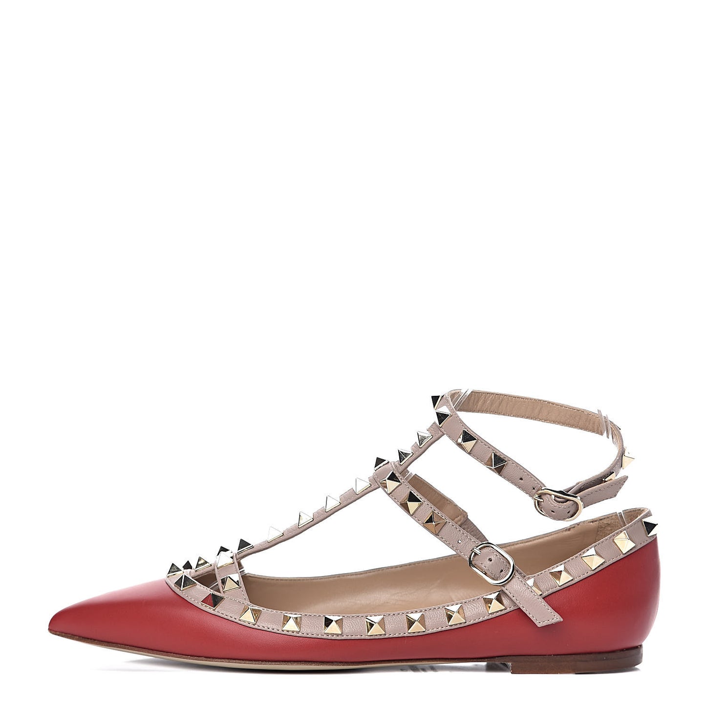 Calfskin Nappa Rockstud Cage Ballerina Flats 37 Rosso Valentino Poudre