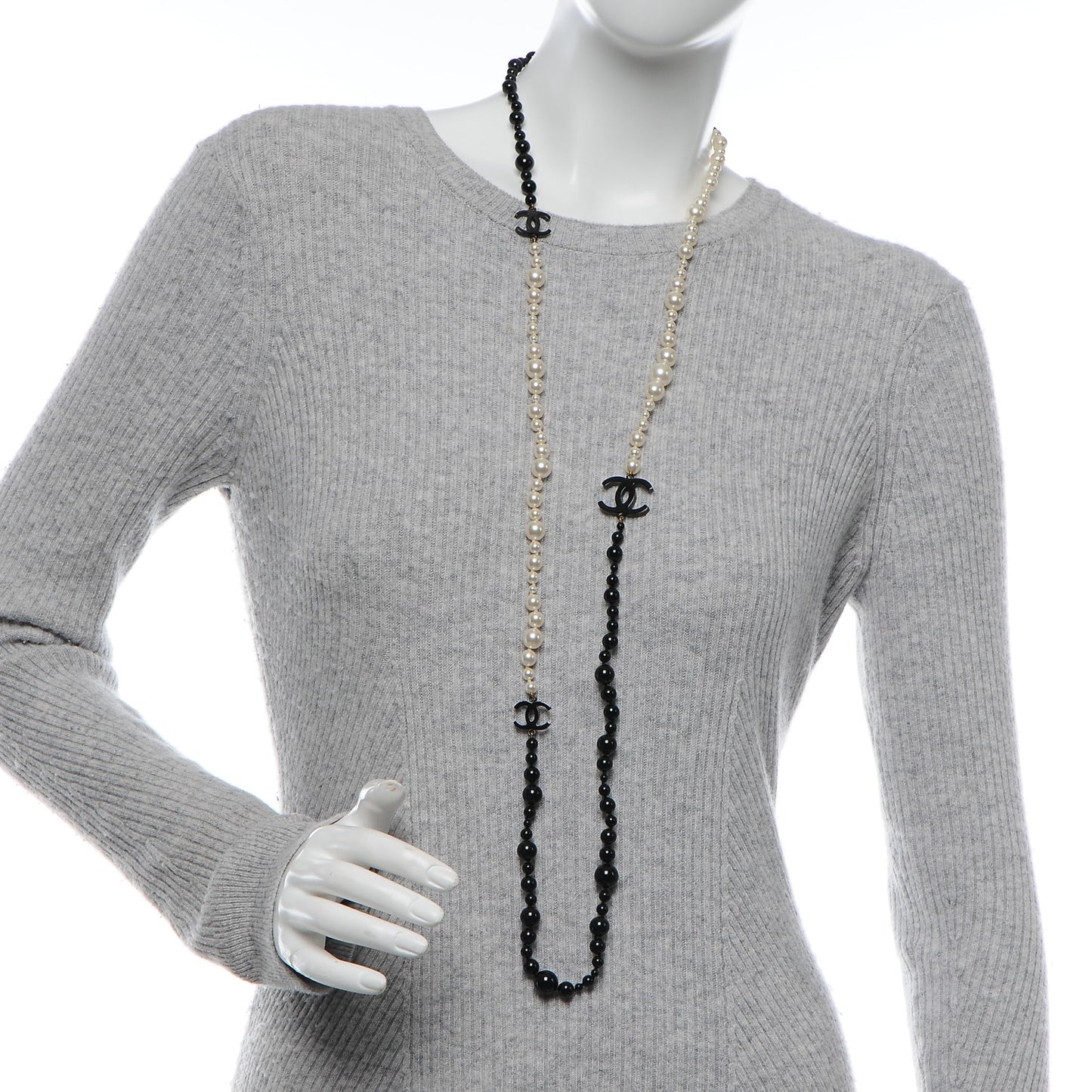 Pearl Beaded CC Long Necklace Black White