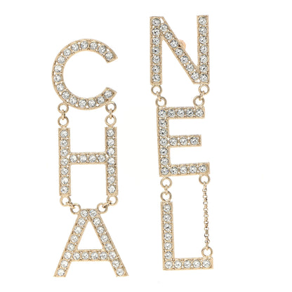 Chanel Crystal Cha-Nel Logo Drop Earrings Gold 1 of 4