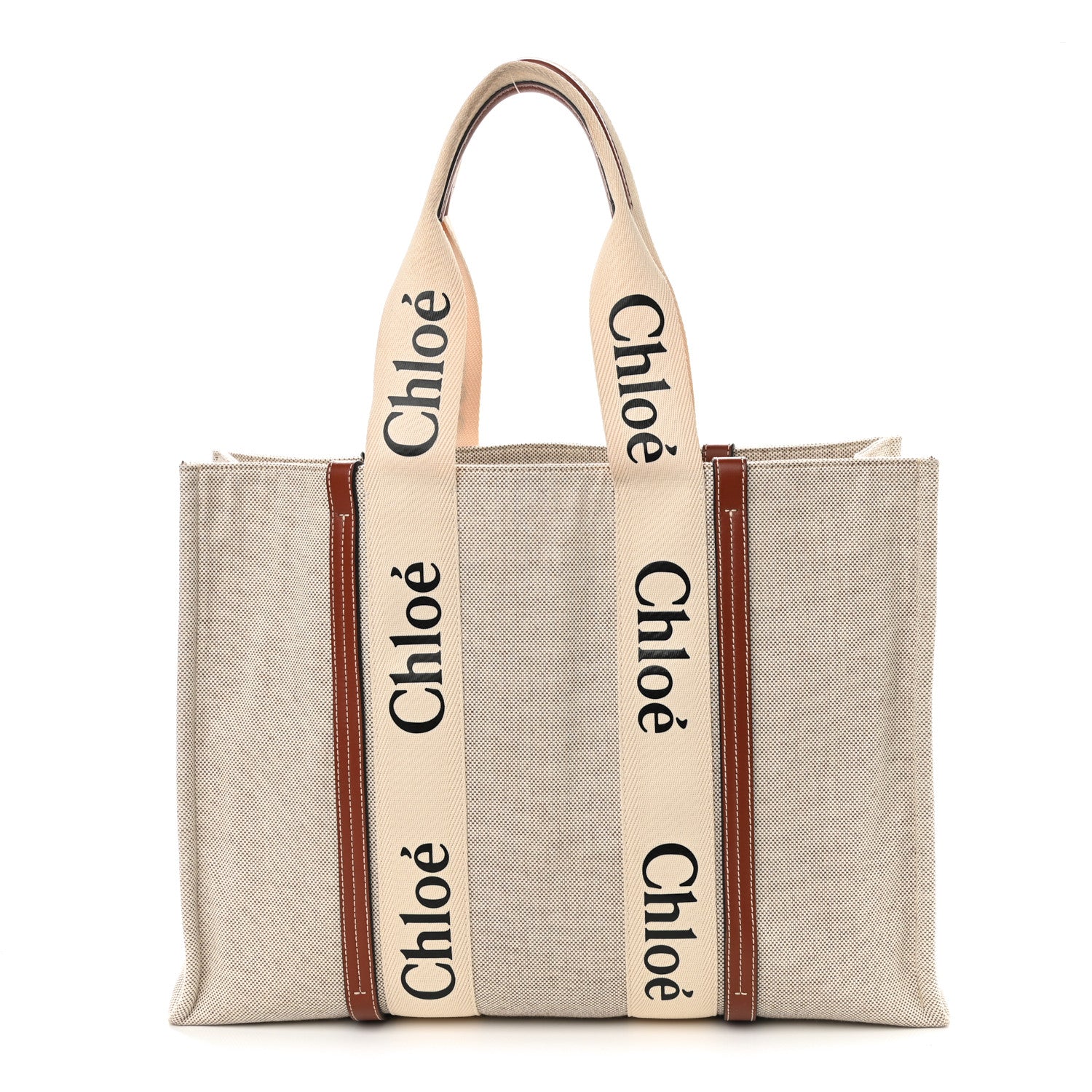 Chloe Cotton Calfskin Large Woody Ribbon Tote White Brown 1 of 11
