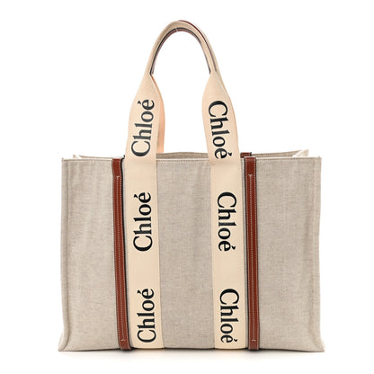 Chloe Cotton Calfskin Large Woody Ribbon Tote White Brown 1 of 11