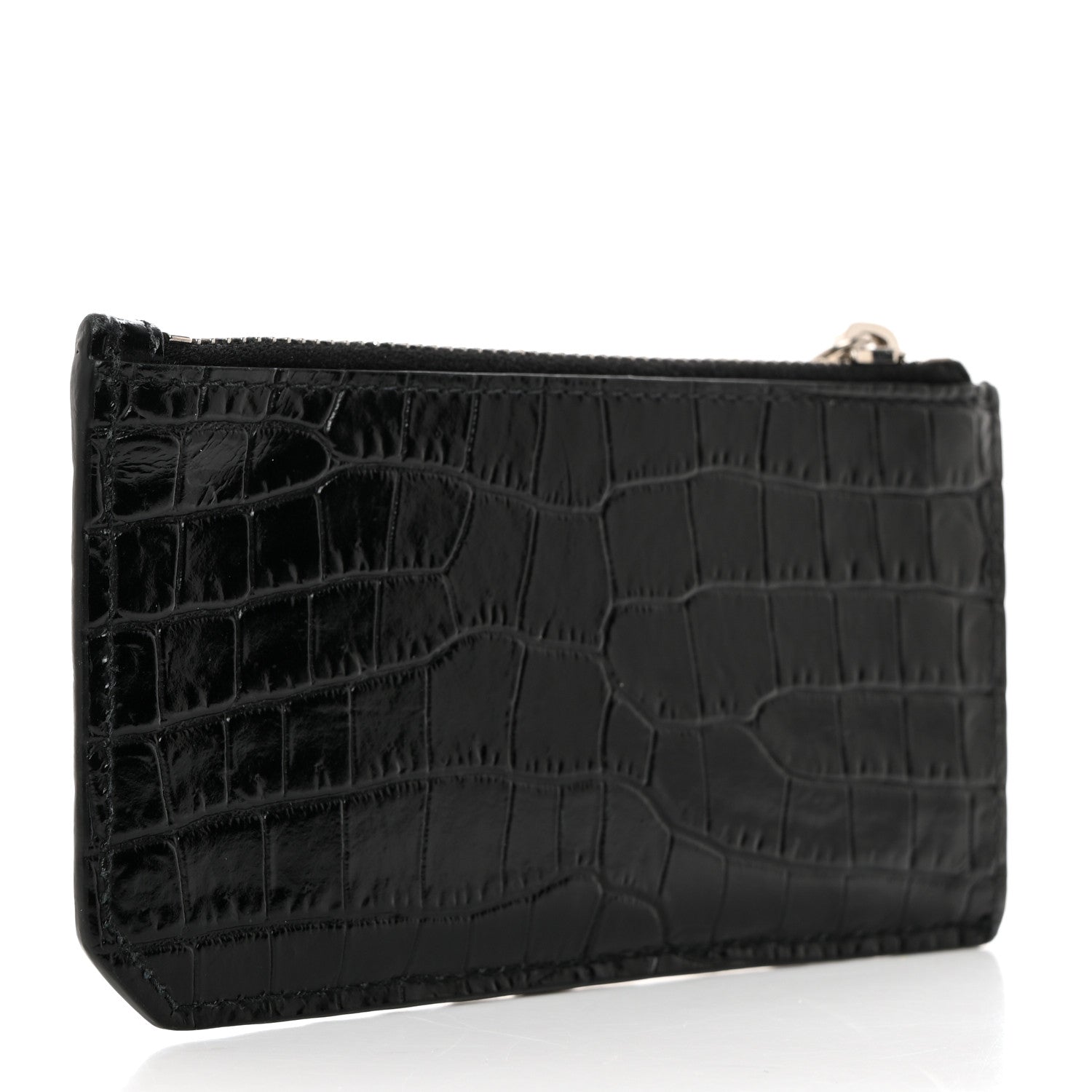 Saint Laurent Calfskin Crocodile Embossed 5 Fragments Zip Card Case Black 3 of 8