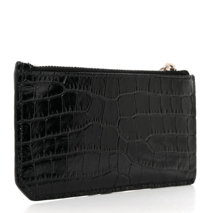 Saint Laurent Calfskin Crocodile Embossed 5 Fragments Zip Card Case Black 3 of 8