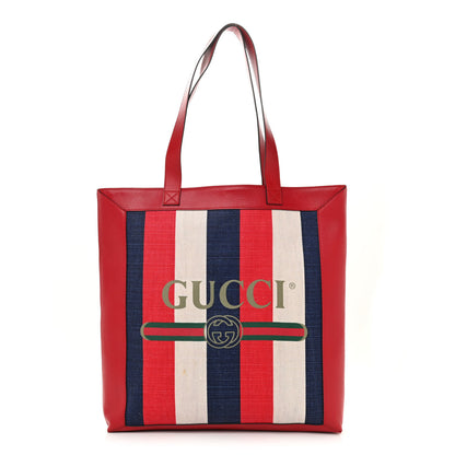 Gucci Canvas Calfskin Sylvie Stripe Logo Mens Tote Red White Blue 1 of 10