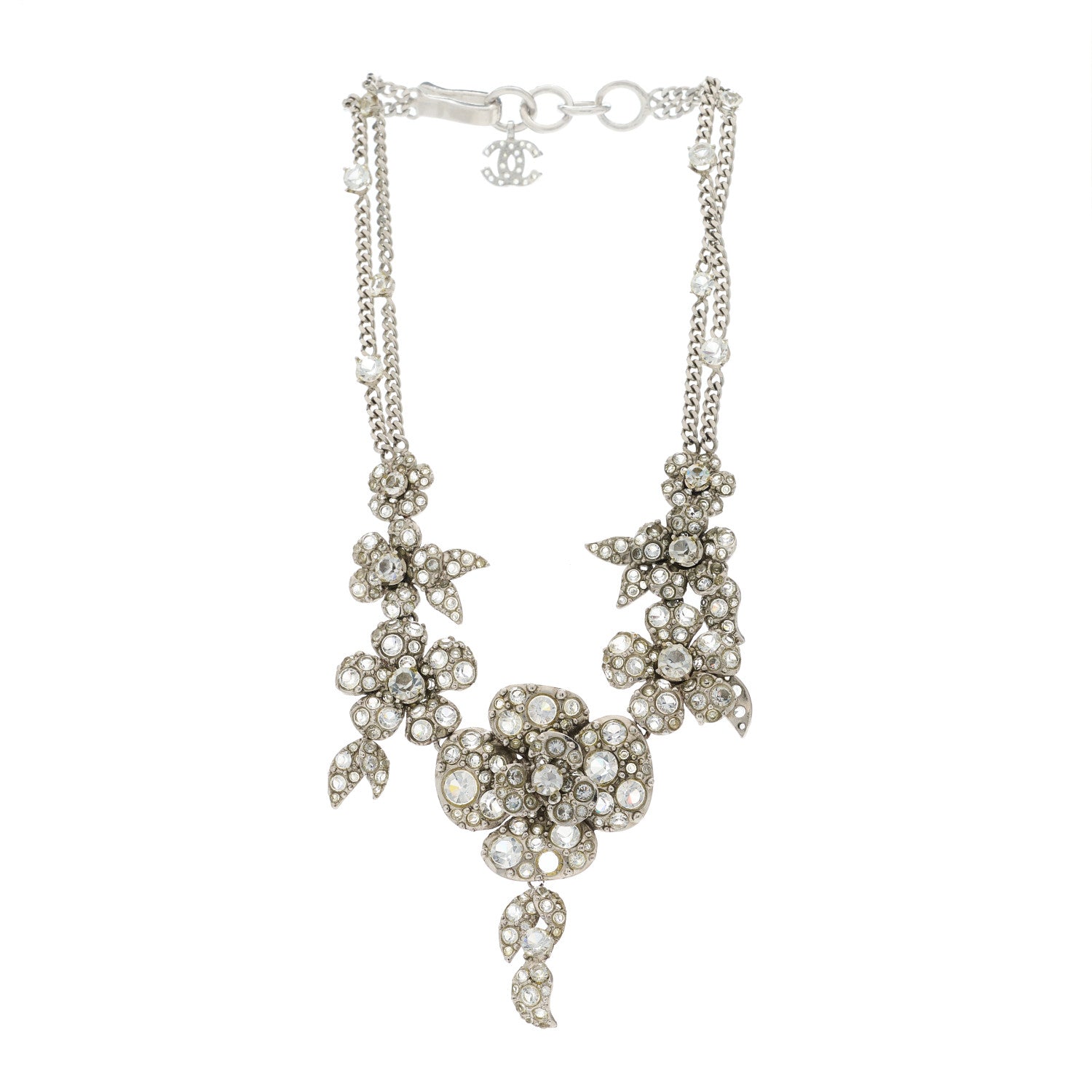 Chanel Crystal CC Flower Cluster Necklace Silver 2 of 6