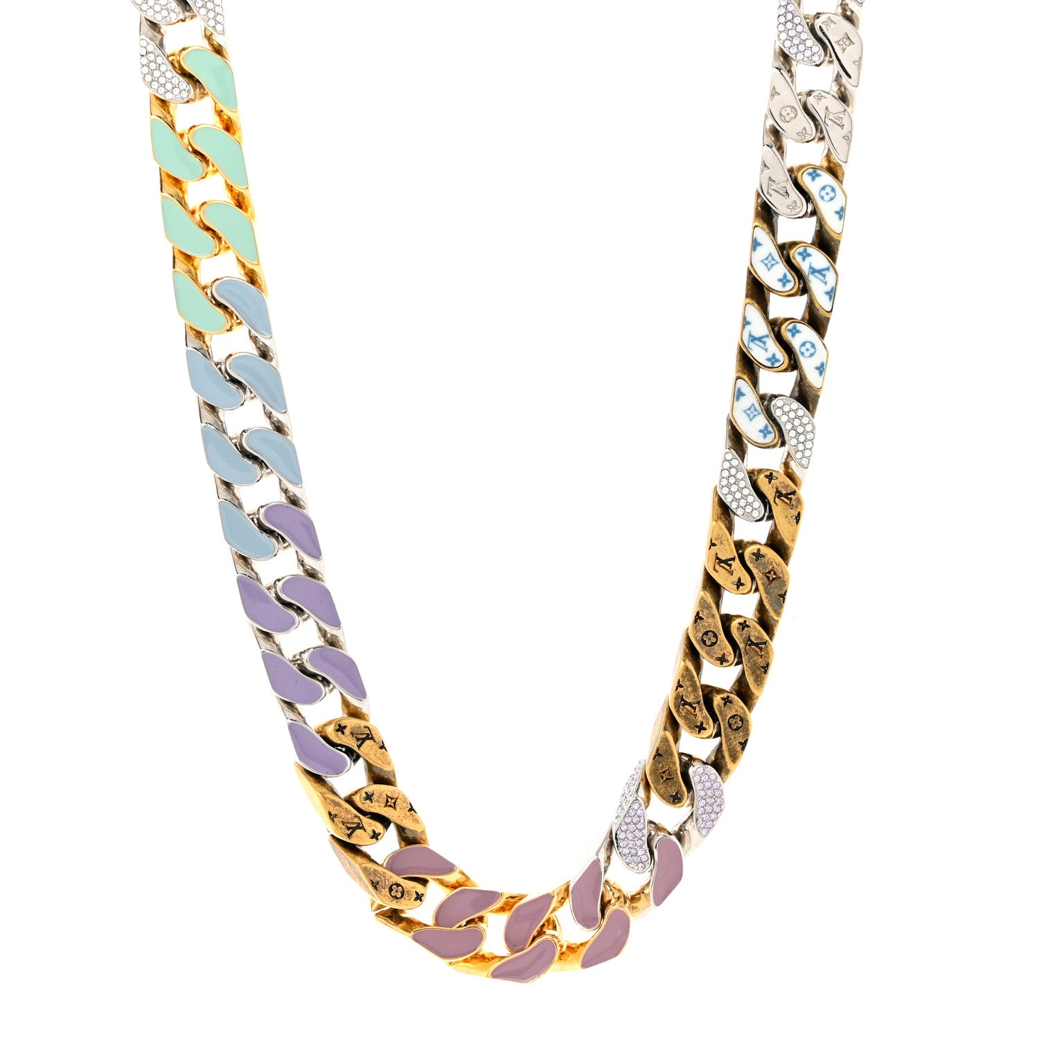 Louis Vuitton Metal Enamel Crystal Soapy Chain Necklace Silver Gold 1 of 7