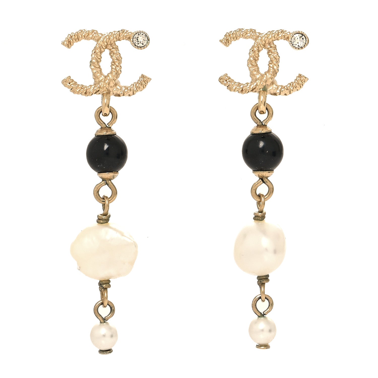 Chanel Pearl Bead Crystal CC Byzantine Drop Earrings Black Gold 1 of 5