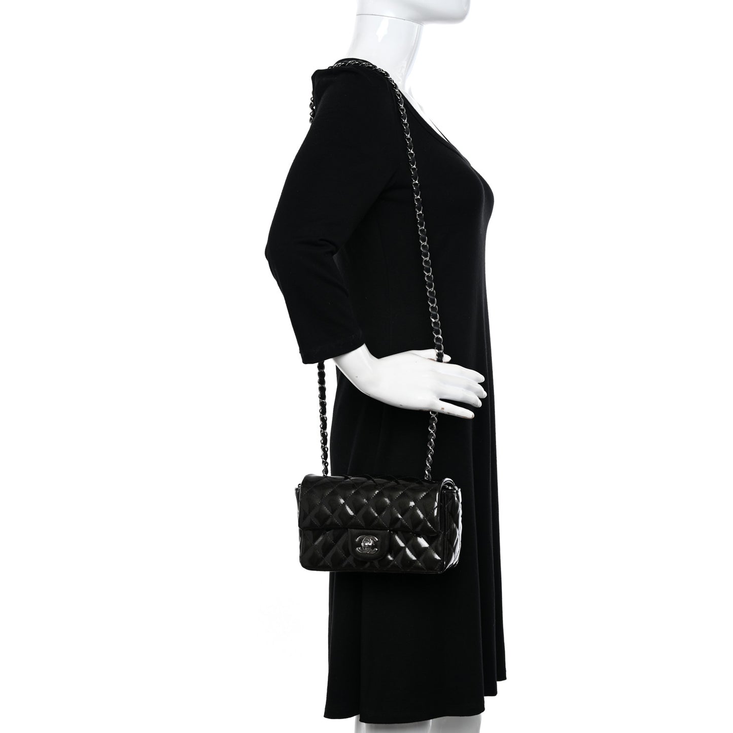 Striated Patent Quilted Mini Rectangular Flap Black