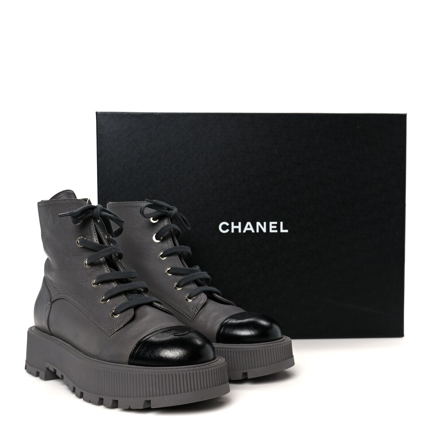Chanel Grained Calfskin Shiny Calfskin CC Lace Up Combat Boots 41 Gray Black 11 of 11