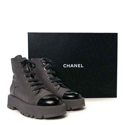 Chanel Grained Calfskin Shiny Calfskin CC Lace Up Combat Boots 41 Gray Black 11 of 11