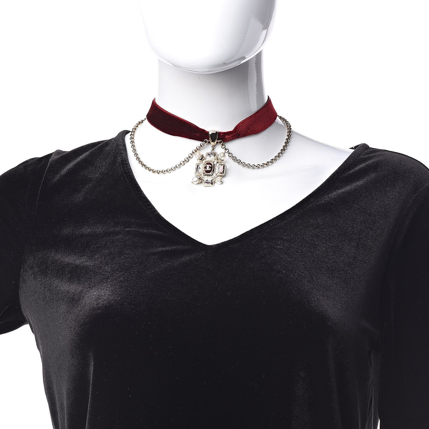 Velvet Gripoix Crystal CC Choker Necklace Red Gold