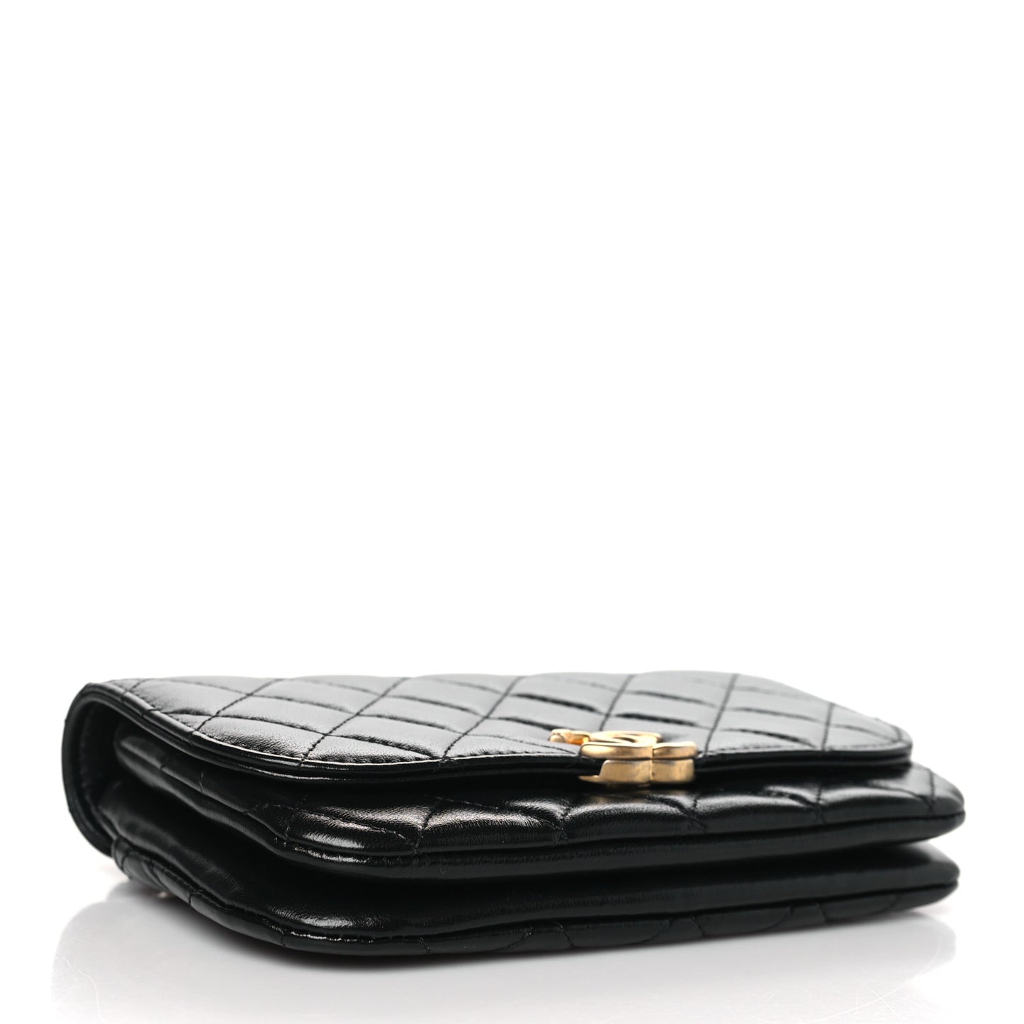 Shiny Lambskin Quilted Flap Phone Holder With Chain Black