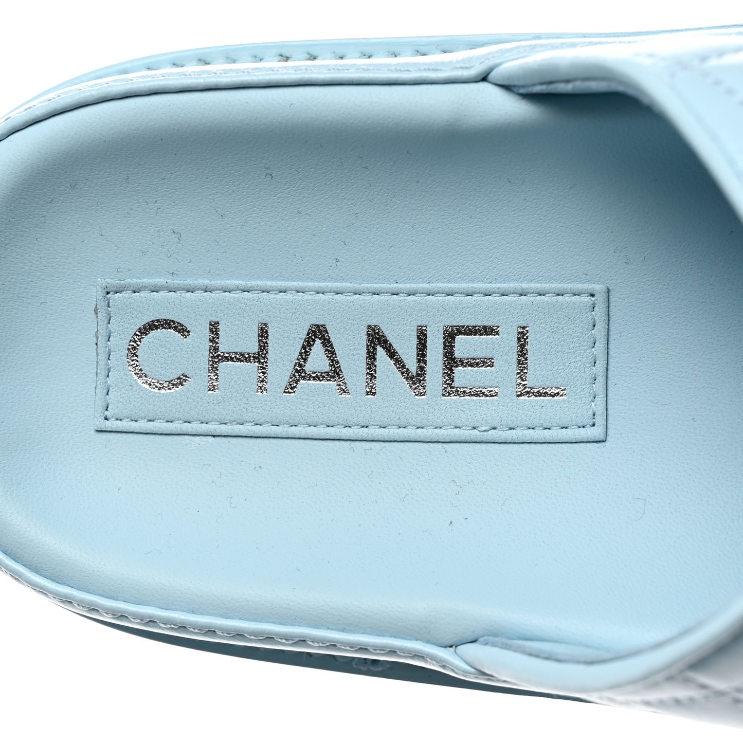 Laminated Lambskin Quilted Velcro Dad Chain CC Slide Sandals 39.5 Light Blue