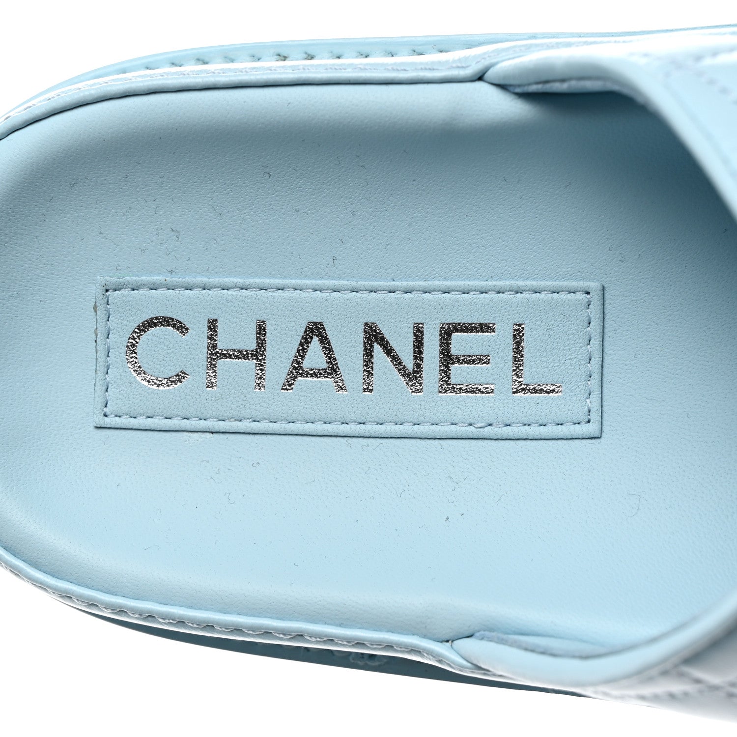 Chanel Laminated Lambskin Quilted Velcro Dad Chain CC Slide Sandals 39.5 Light Blue 6 of 10