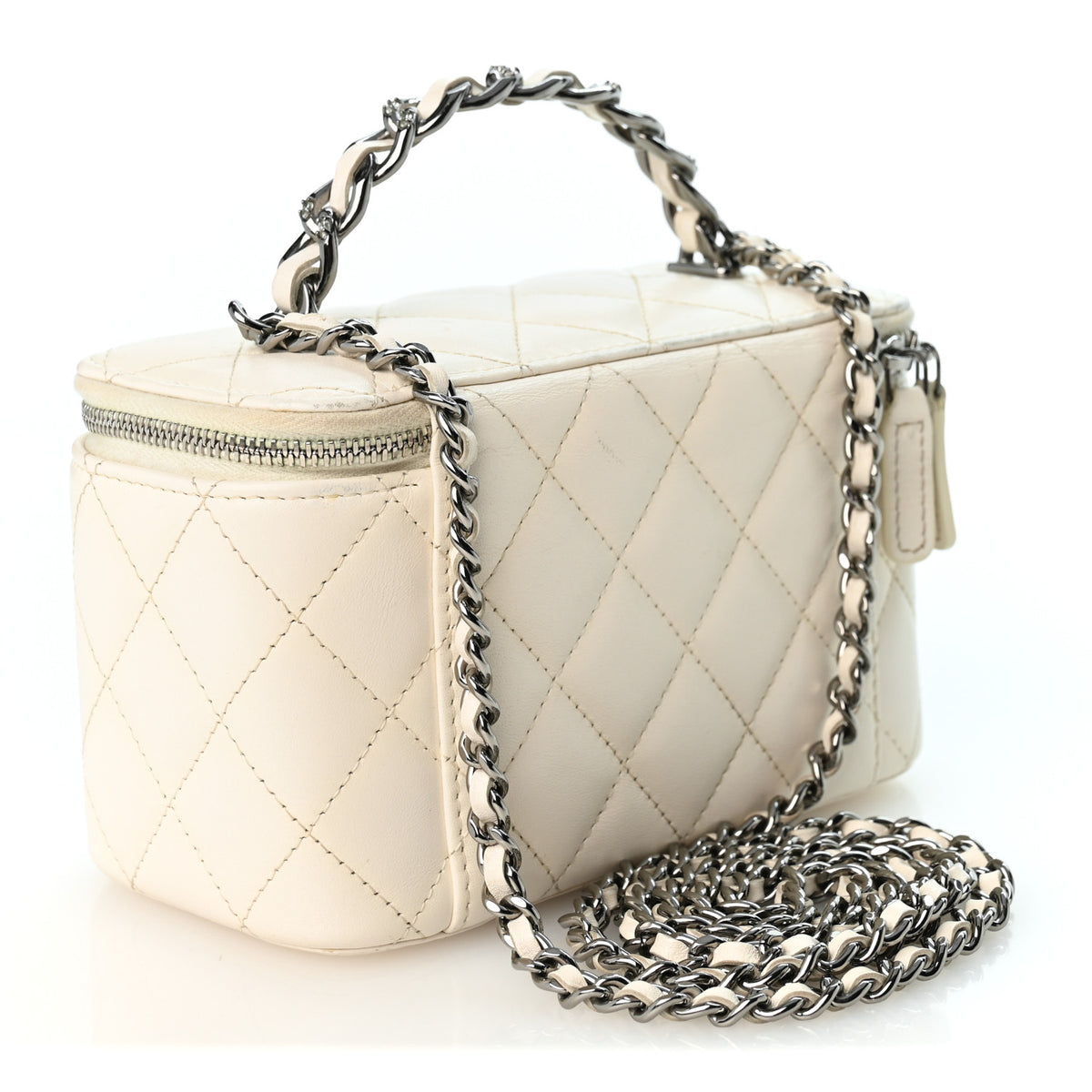 Lambskin Quilted Crystal Links Top Handle Vanity Case With Chain White