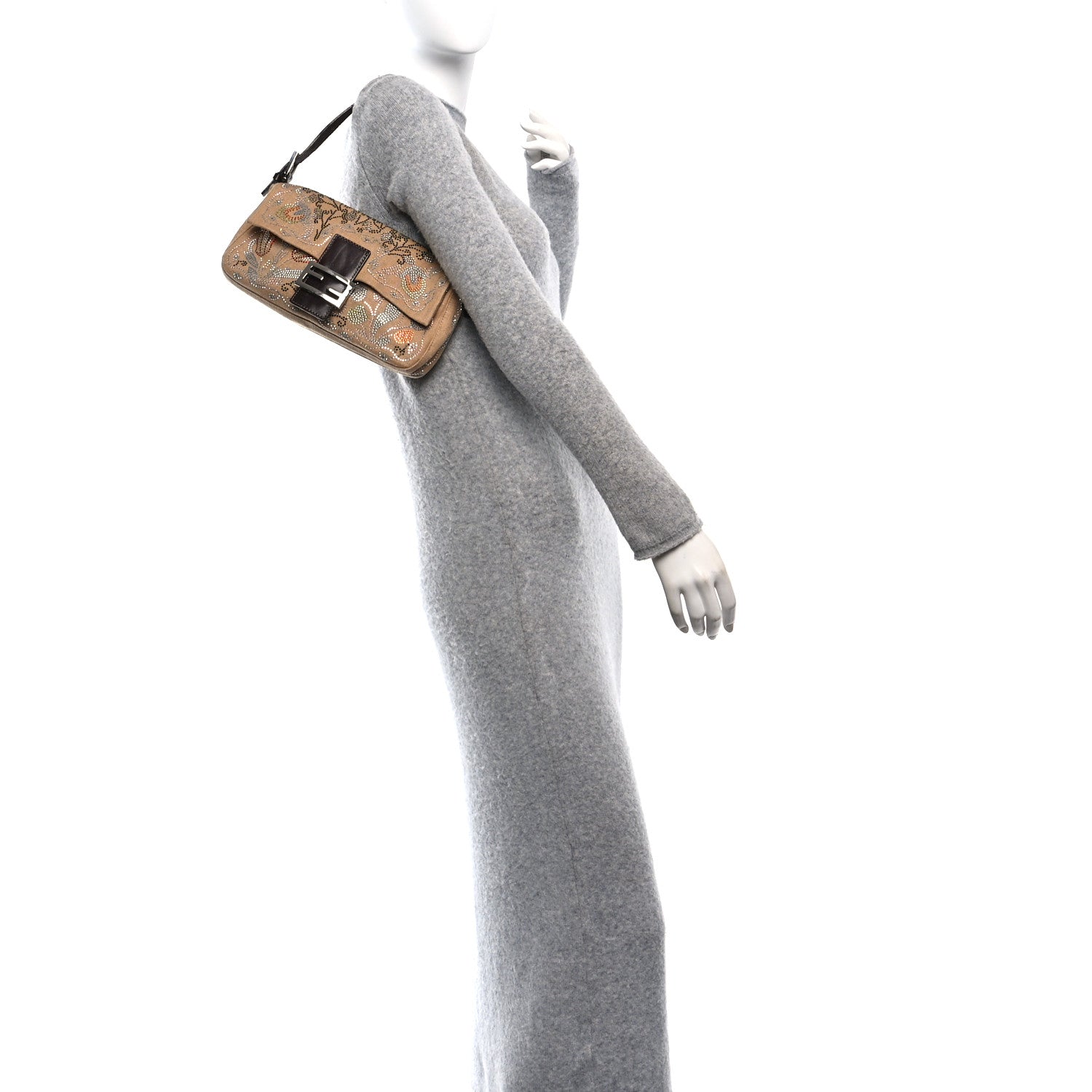 Fendi Linen Crystal Floral Beaded Baguette Beige Multicolor 2 of 11