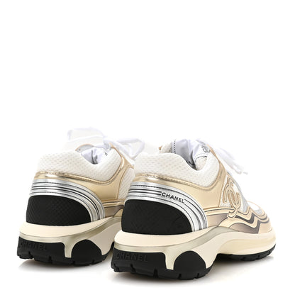 Chanel Fabric Laminated Calfskin Stretch CC Sneakers 38 White Gold Silver 5 of 9