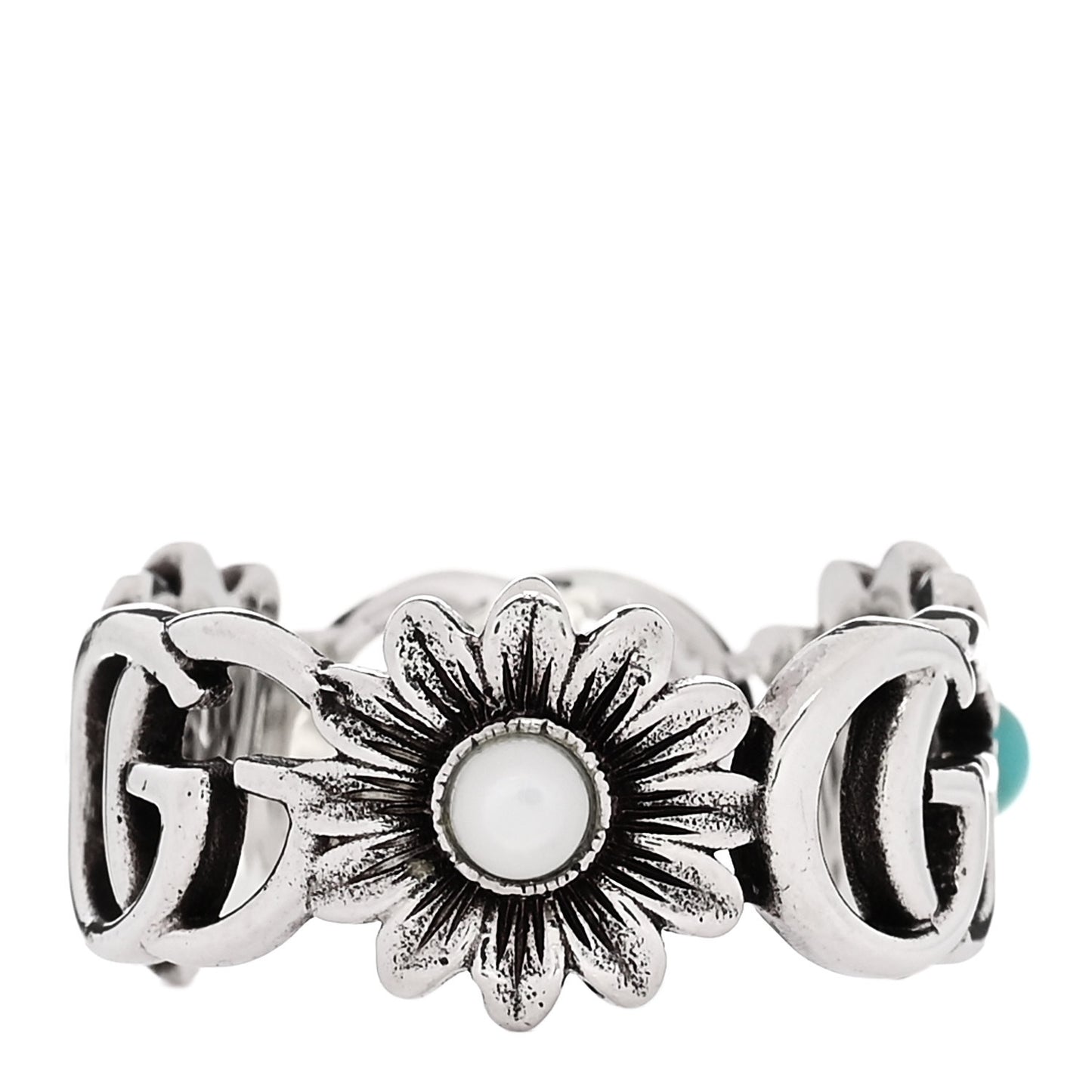 Sterling Silver Mother of Pearl Blue Topaz Flower Marmont Double G Ring 53 6.5