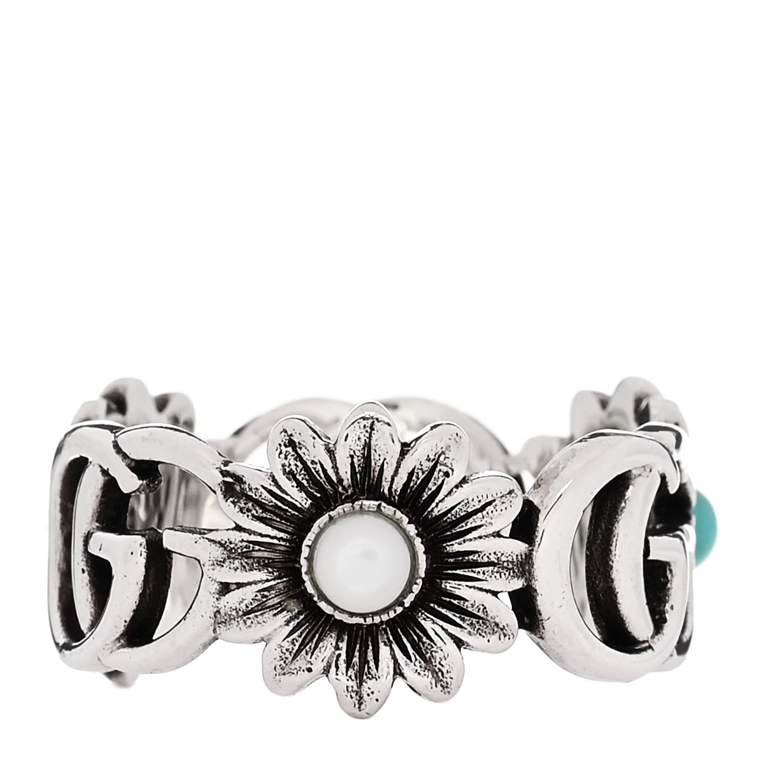 Gucci Sterling Silver Mother of Pearl Blue Topaz Flower Marmont Double G Ring 53 6.5 3 of 7