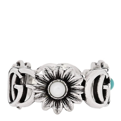 Gucci Sterling Silver Mother of Pearl Blue Topaz Flower Marmont Double G Ring 53 6.5 3 of 7