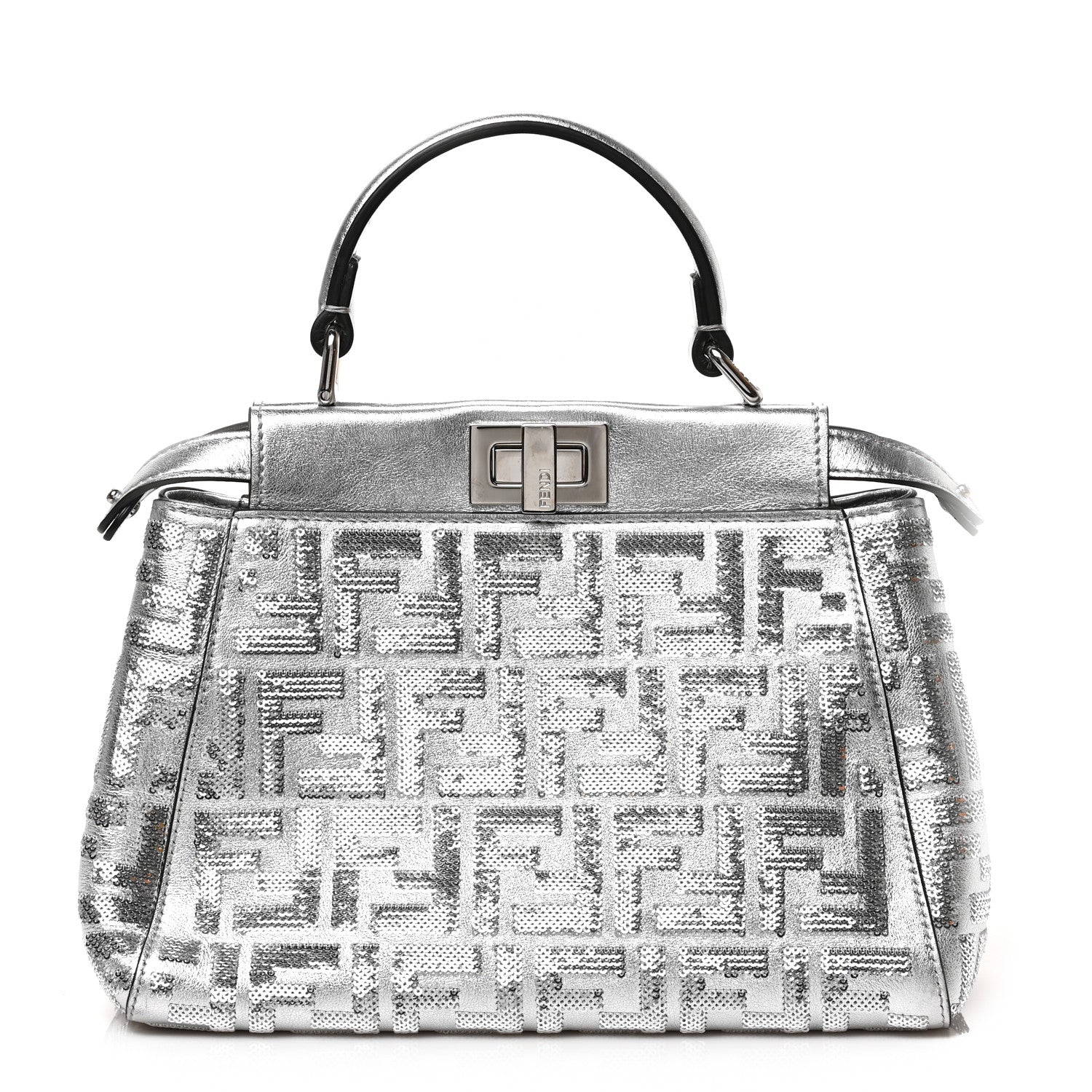 Fendi Vitello Catalan Mirror Sequin FF 1974 Embroidered Mini Peekaboo Iconic Satchel Argento 1 of 7
