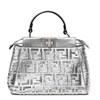 Fendi Vitello Catalan Mirror Sequin FF 1974 Embroidered Mini Peekaboo Iconic Satchel Argento 1 of 7