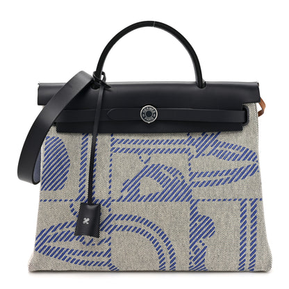 Hermes Vache Hunter Toile H Brides de Gala Herbag Zip Retourne 31 PM Bleu De France Ecru Black 1 of 12
