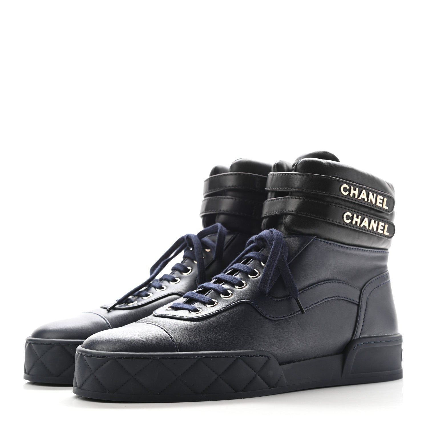 Chanel Lambskin Logo High Top Sneakers 42 Navy Black 3 of 8
