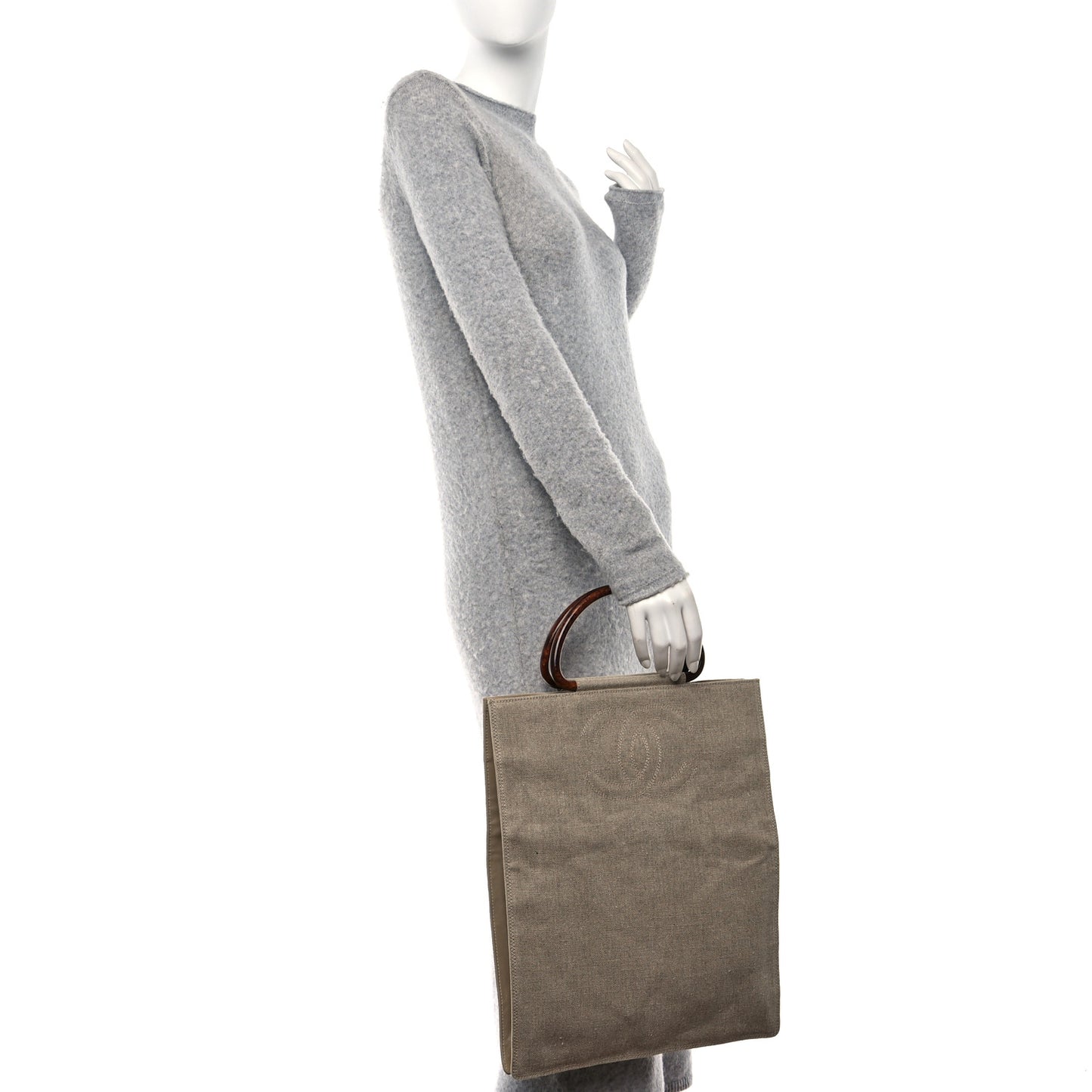 Canvas Calfskin Wooden Handle Bag Beige