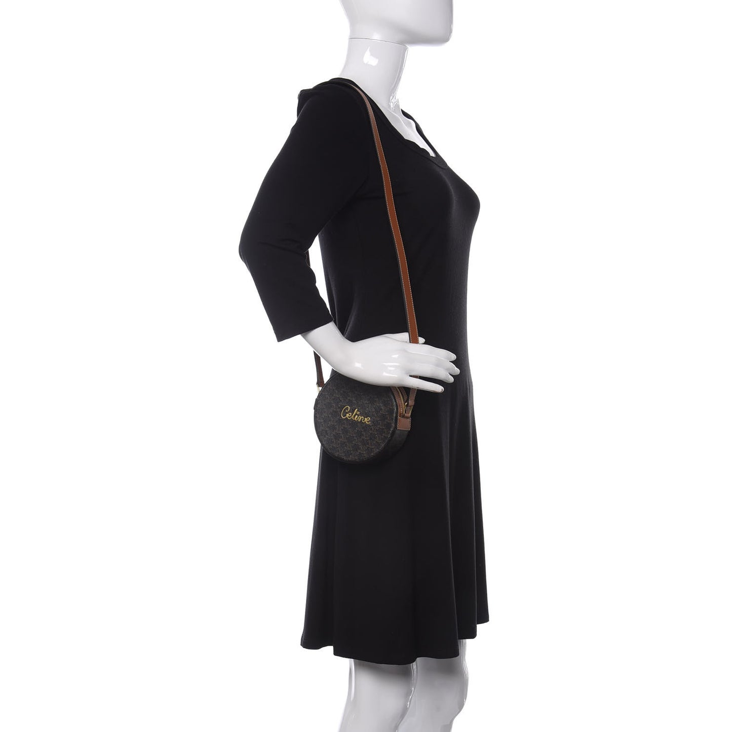 Triomphe Canvas Embroidered Logo Round Purse On Strap Black Tan