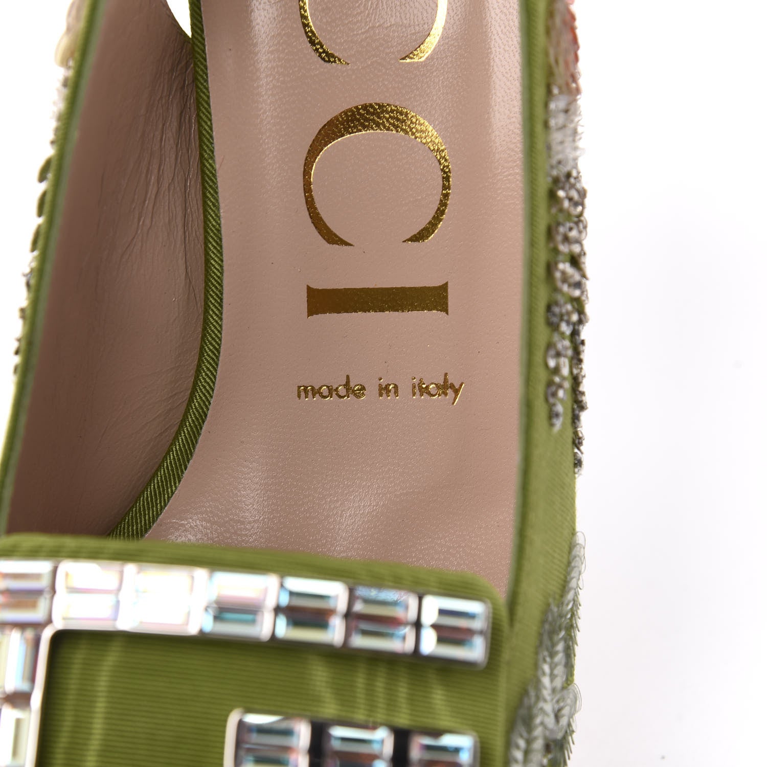 Gucci Moire Fabric Eyes Crystal Square G Madelyn Slingbacks 37.5 Lemon Leaf 9 of 11