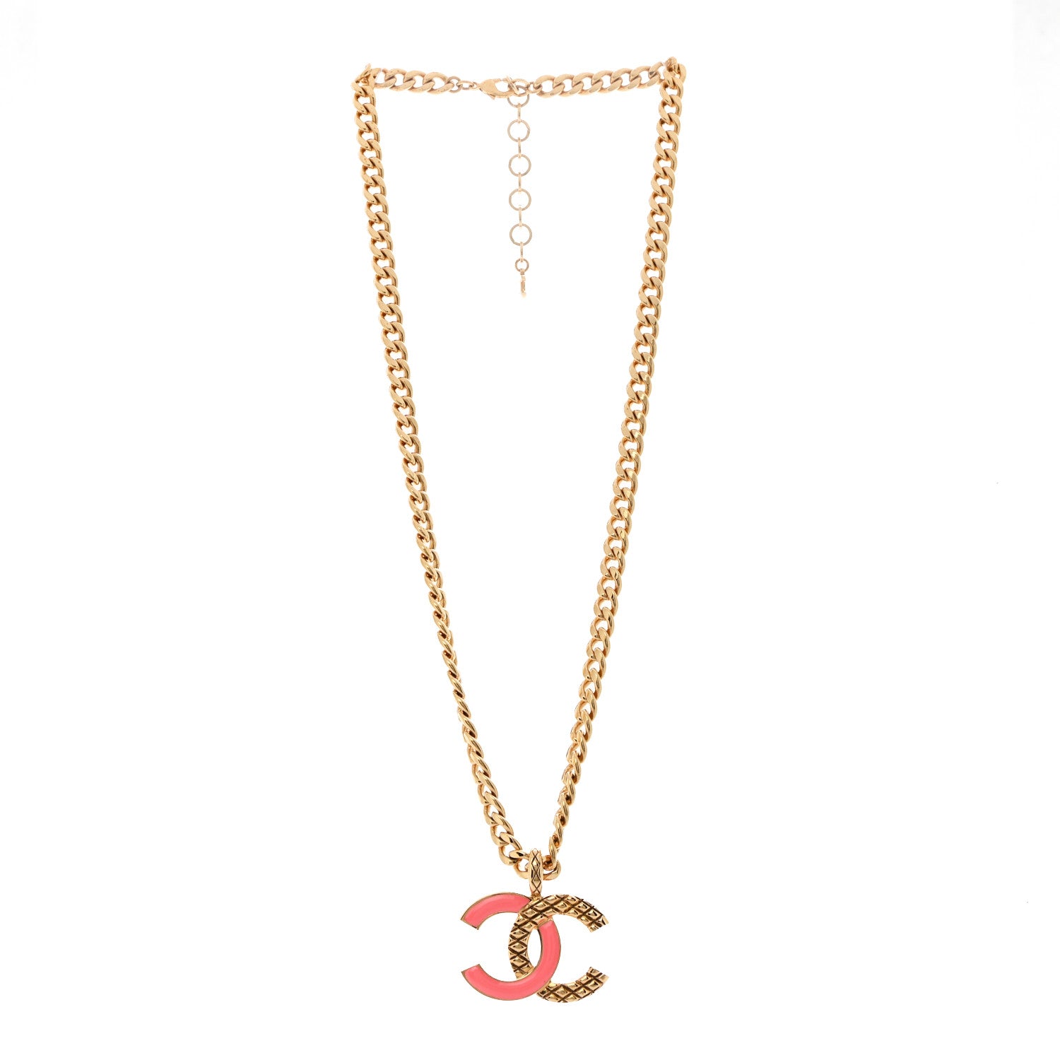 Chanel Metal Enamel Quilted CC Chain Necklace Pendant Gold Pink 3 of 7