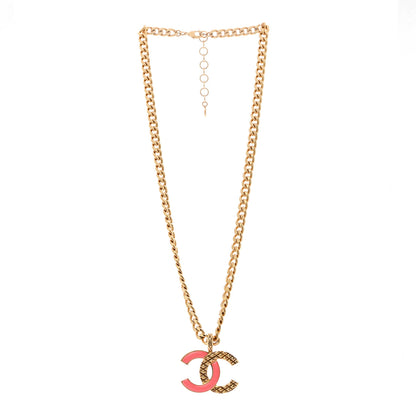 Chanel Metal Enamel Quilted CC Chain Necklace Pendant Gold Pink 3 of 7