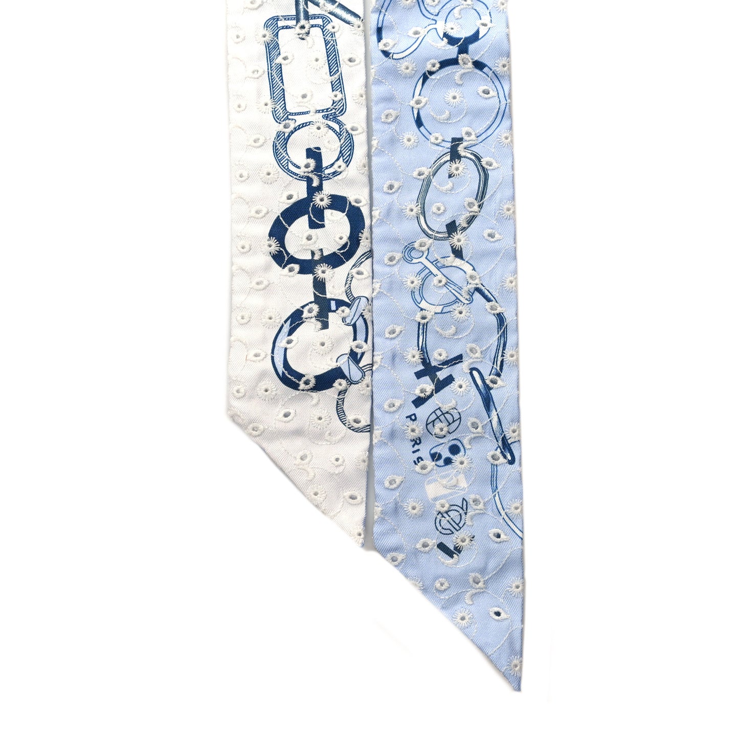 Silk Embroidered Do Re Boucles Broderie Anglaise Twilly Bleu White Marine