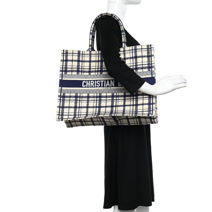 Christian Dior Canvas Embroidered Large Plaid Book Tote Navy 2 of 10