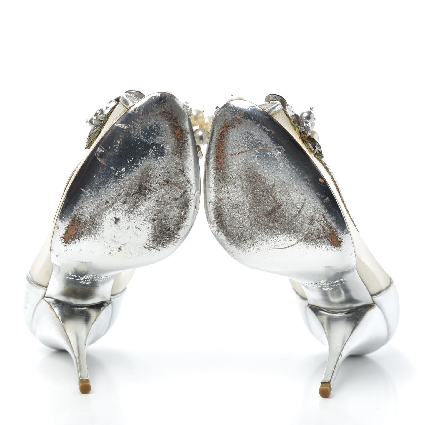 Metallic Nappa Mesh Crystal Pearl Peep Toe Pumps 37 Silver