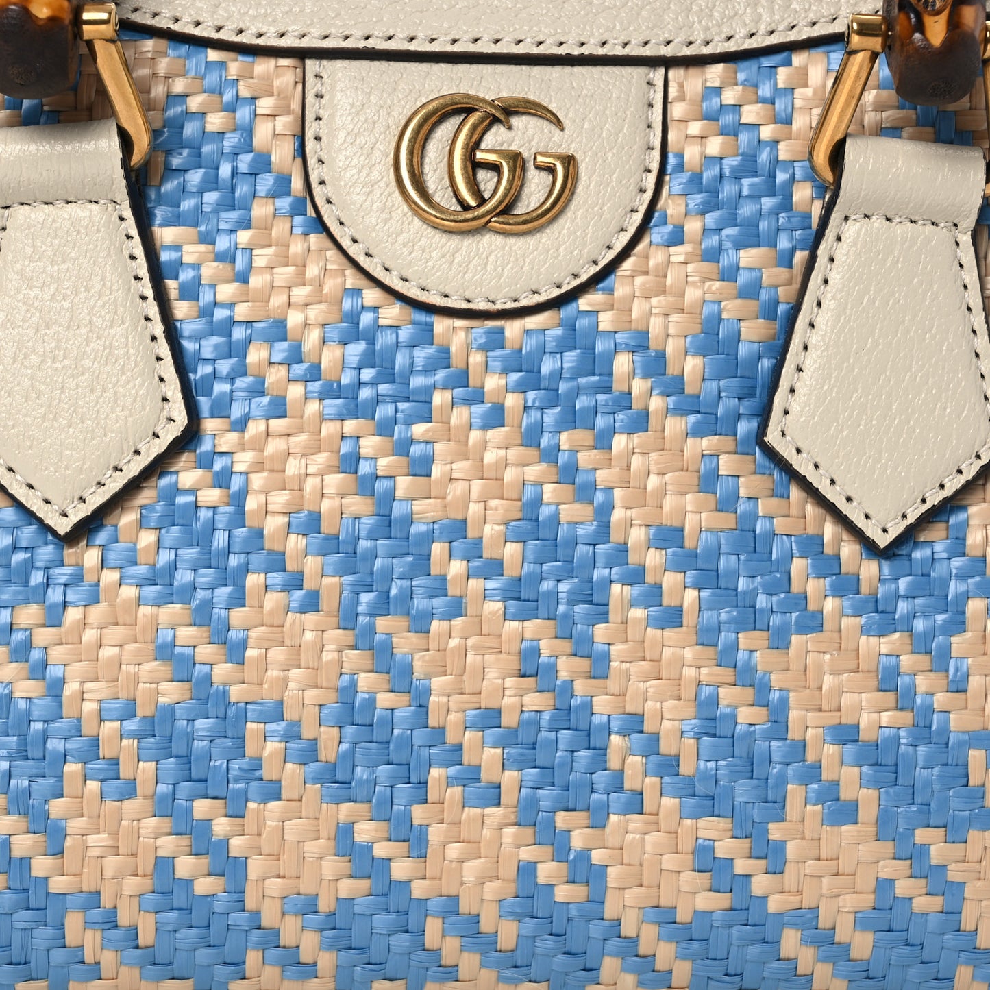 Raffia Textured Dollar Calfskin Web Houndstooth Mini Diana Tote Bag Light Blue Natural Deep Orange