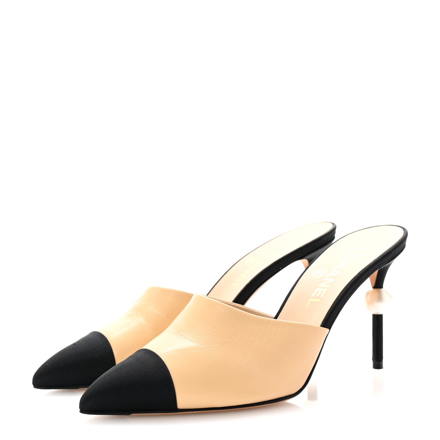 Chanel Goatskin Grosgrain Cap Toe Pearl Mule 39 Beige Black 4 of 10