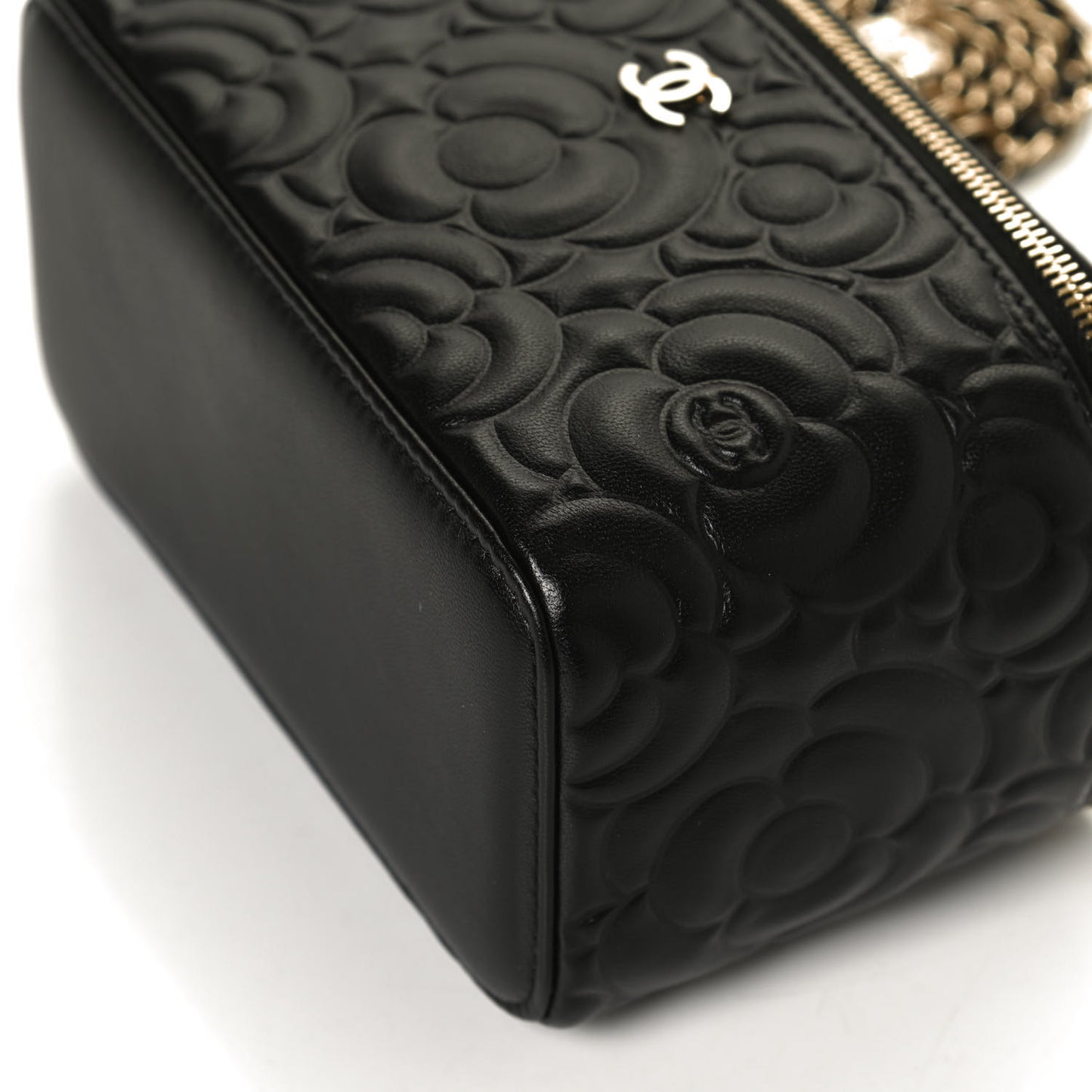 Lambskin Camellia Embossed Small Vanity Case With Chain Black