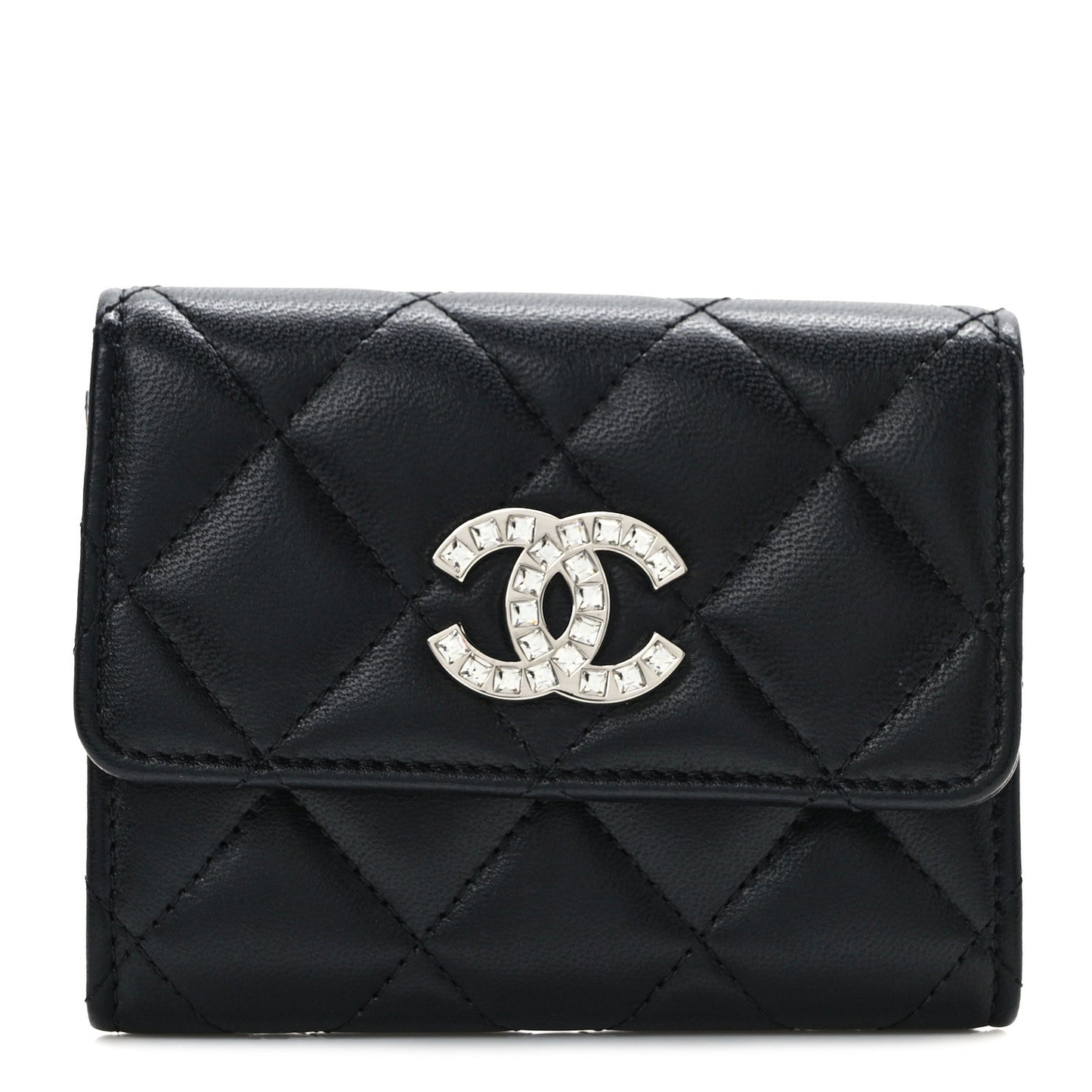 Lambskin Quilted Flap Baguette Crystal Card Holder Wallet Black