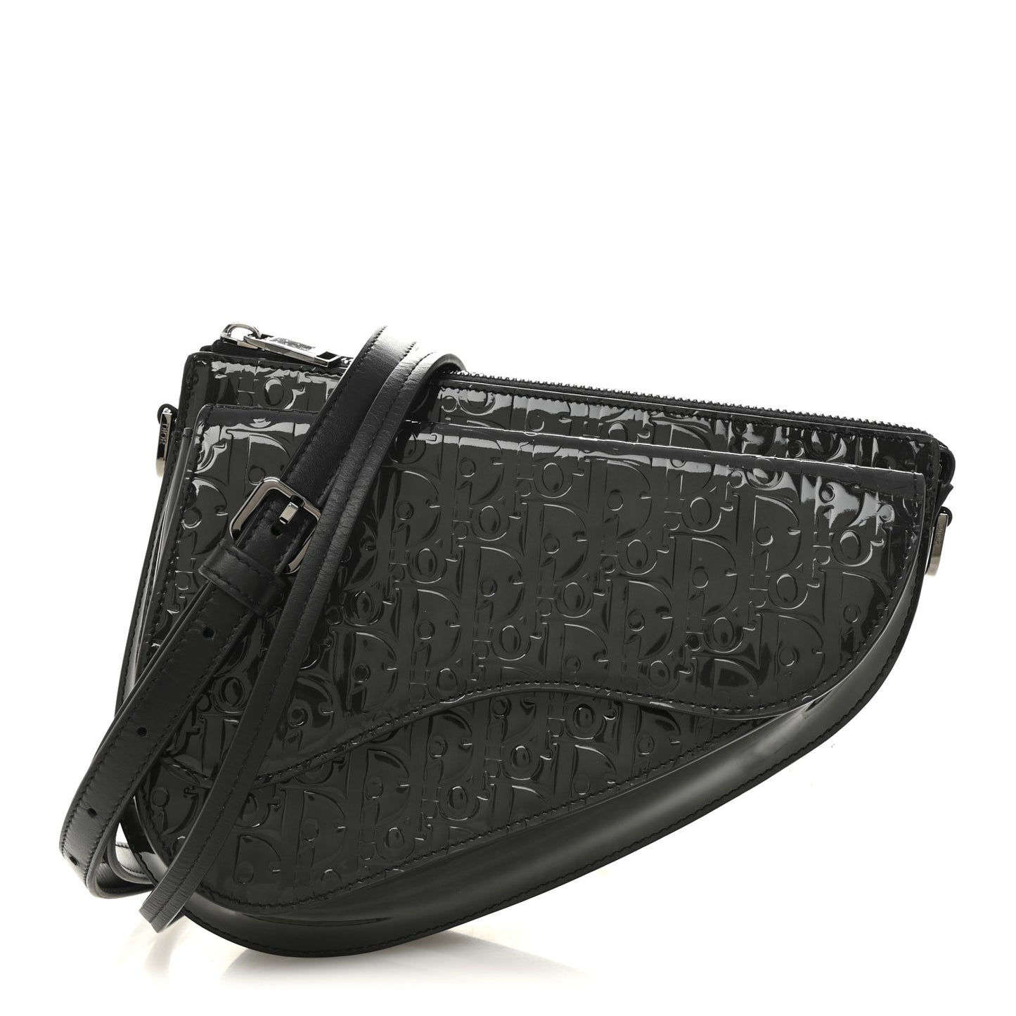 Patent Oblique Embossed Saddle Boxy Bag Black