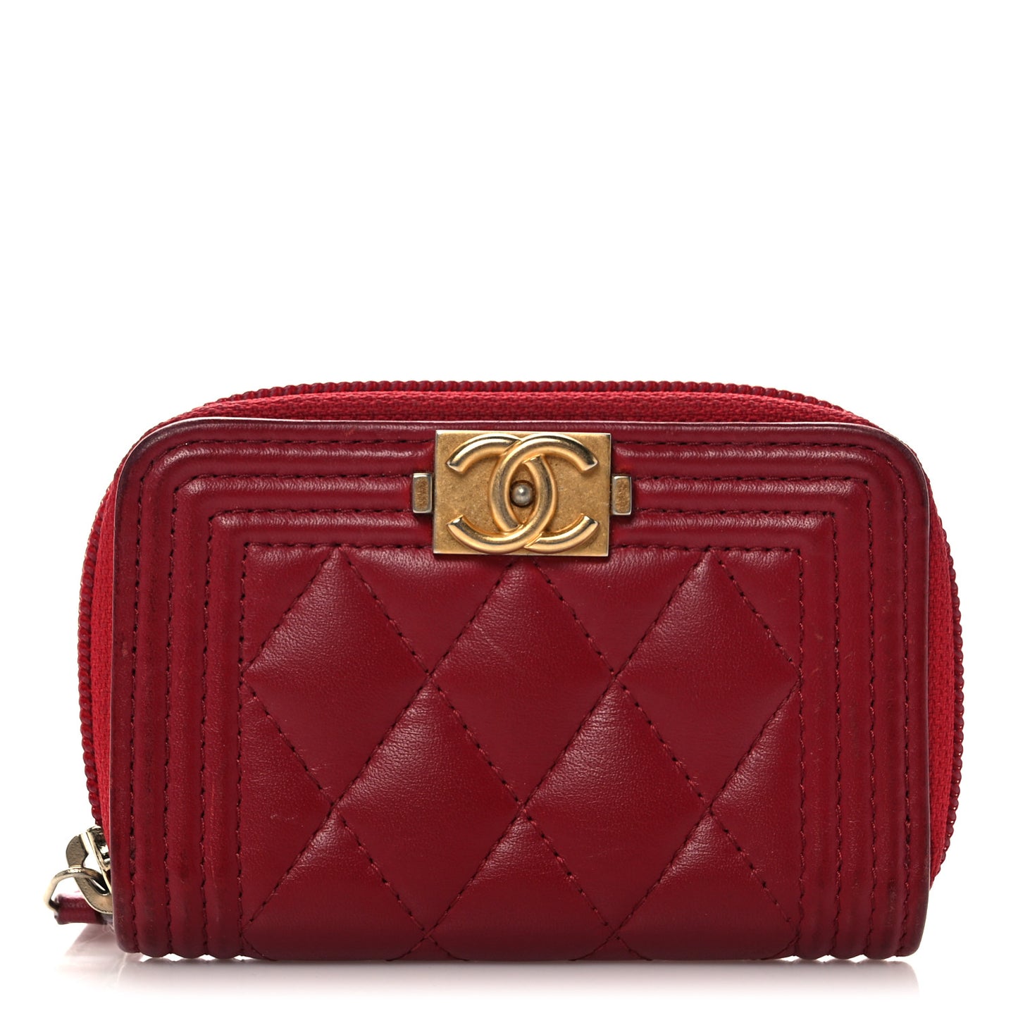 Lambskin Quilted Boy Zip Around Coin Purse Wallet Red