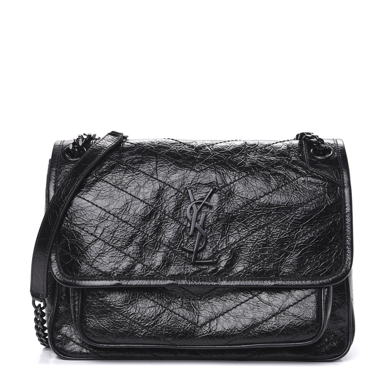 Crinkled Calfskin Matelasse Monogram Medium Niki Chain Satchel Black