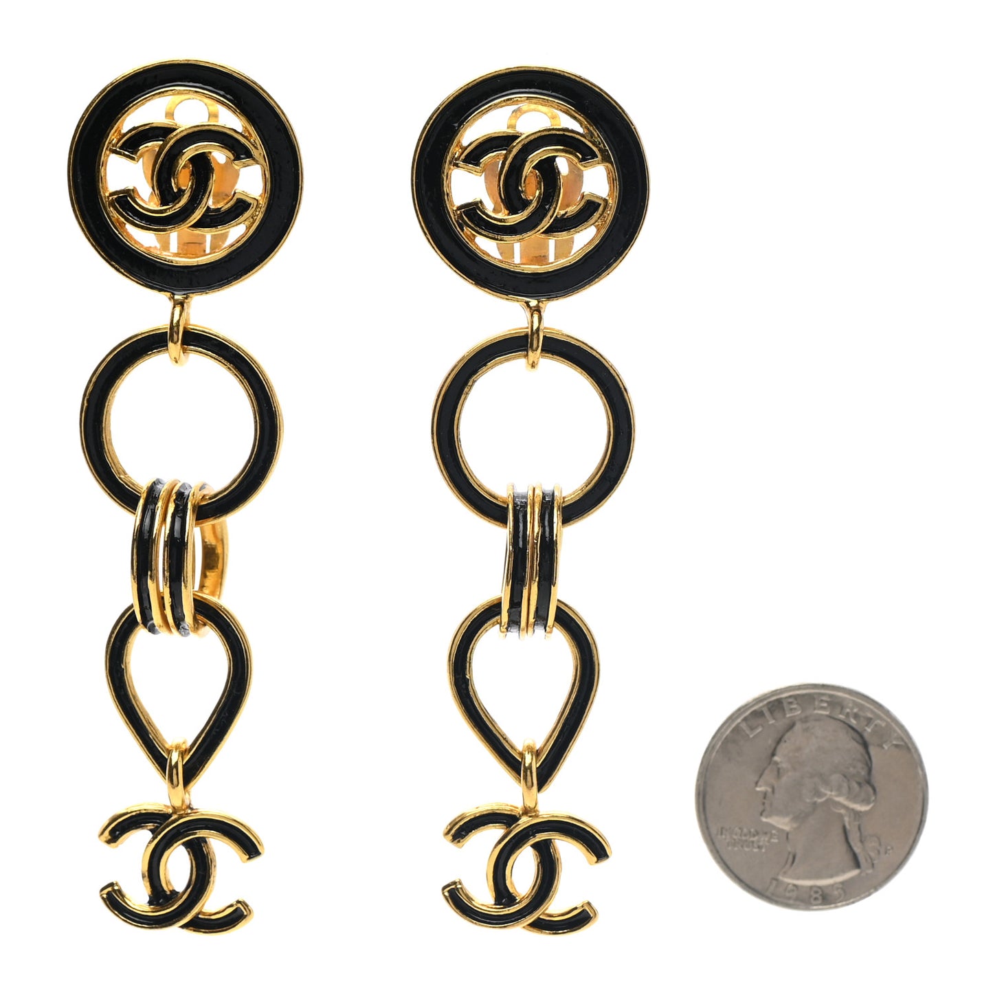Enamel CC Drop Clip On Earrings Black Gold