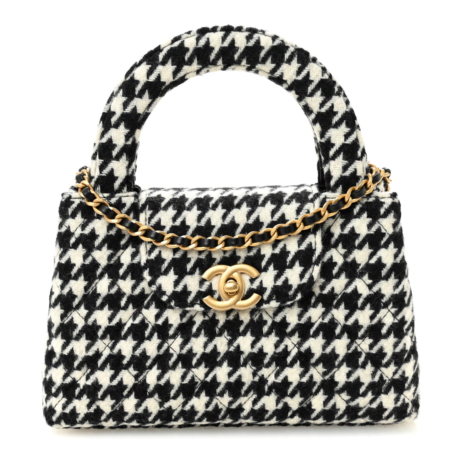 Tweed Houndstooth Quilted Nano Kelly Shopper Black White